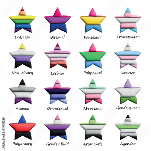 Set of colorful 3d LGBTQ+ pride flag star shape Gender equality and sexual identity pride flags collection LGBTQIA community pride month
