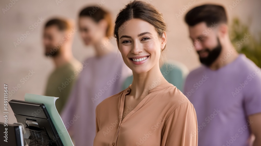 Obraz premium smiling woman stands in front of workout equipment, ready to help visitors at a fitness center