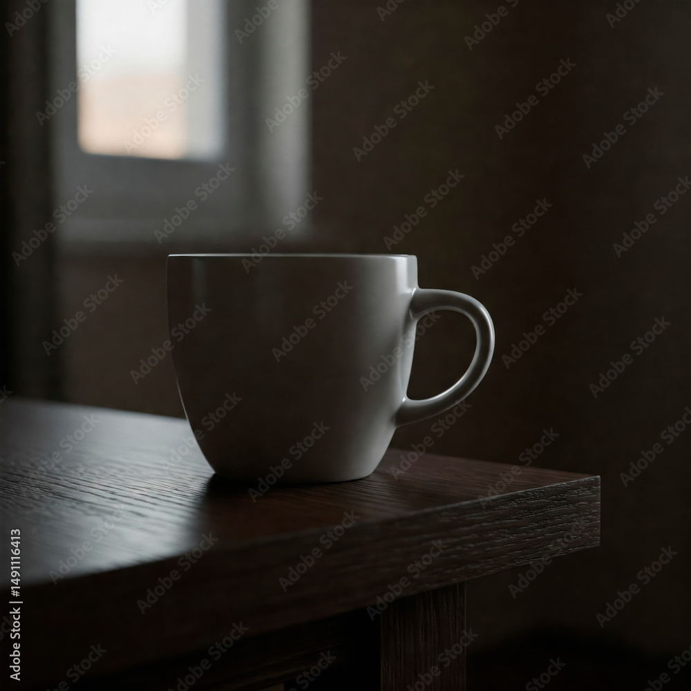 Obraz premium A white ceramic mug on a wooden table by the window.