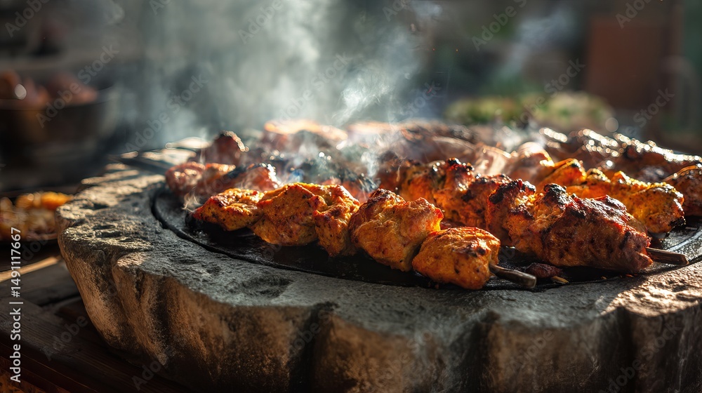 Delicious chicken tikka kebab grilling recipe on stone barbecue for food blog and restaurant menu ideas Delicious chicken tikka kebab grilling recipe on stone barbecue for food blog and restaurant menu ideas