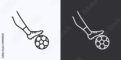 Football Player Foot on Soccer Ball Icon – Vector Outline – Black and White Preview