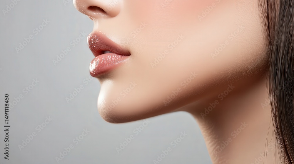 Close-up profile view of a woman's face and jawline. Close-up profile view of a woman's face and jawline.
