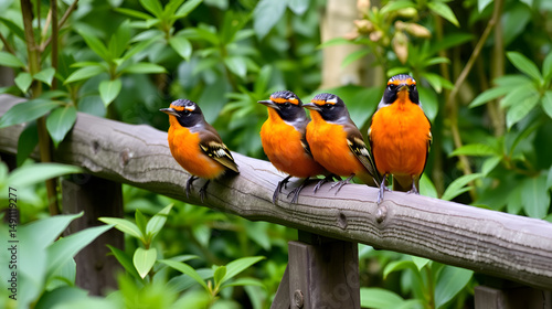 Vibrant orange-breasted babblers perch on rustic wooden railing amidst lush green foliage, showcasing their distinctive plumage and social behavior in their natural habitat.