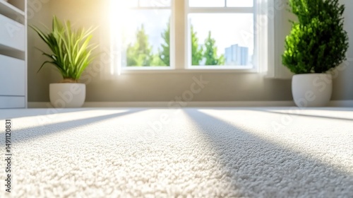 A cozy room with white carpet, potted plants by a sunny window showing urban buildings.