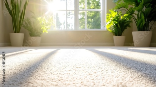 A cozy room with white carpet, potted plants by a sunny window showing urban buildings.