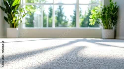 A cozy room with white carpet, potted plants by a sunny window showing urban buildings.