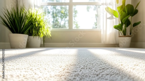 A cozy room with white carpet, potted plants by a sunny window showing urban buildings.