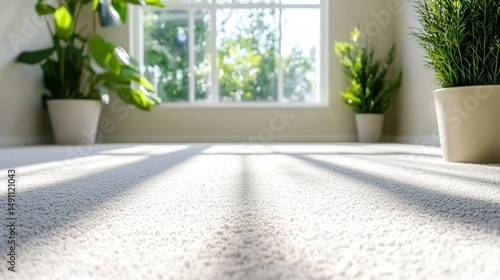 A cozy room with white carpet, potted plants by a sunny window showing urban buildings.