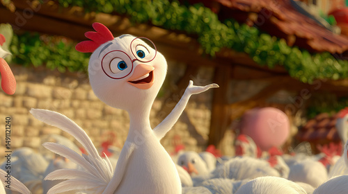 Chicken character with glasses joyfully interacting in a colorful farm setting during a sunny afternoon