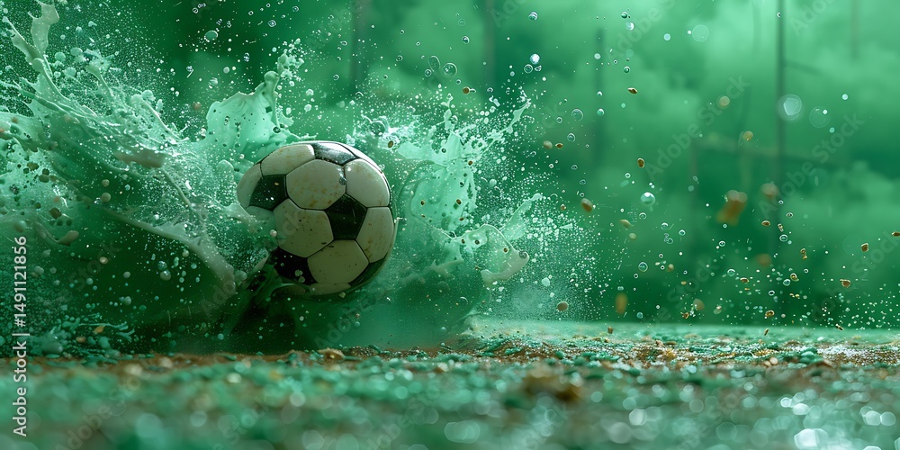 Naklejka premium Soccer ball splashing in green liquid