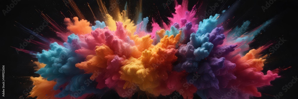 Fototapeta premium Kaleidoscopic cloud of colored powder erupts in a dynamic explosion against a deep black canvas , vivid, powder