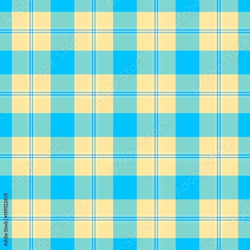 Advertisement check plaid textile, outfit texture vector background. Quality pattern fabric seamless tartan in teal and yellow colors.