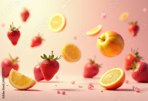 vibrant floating fresh fruits soft pastel backdrop colorful still life composition, apple, orange, grape, kiwi, berry, melon, pineapple, plum, cherry