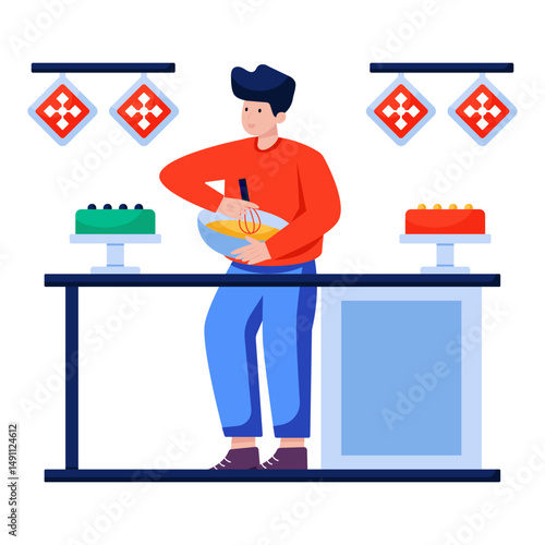 Conceptual flat design illustration of preparing cake