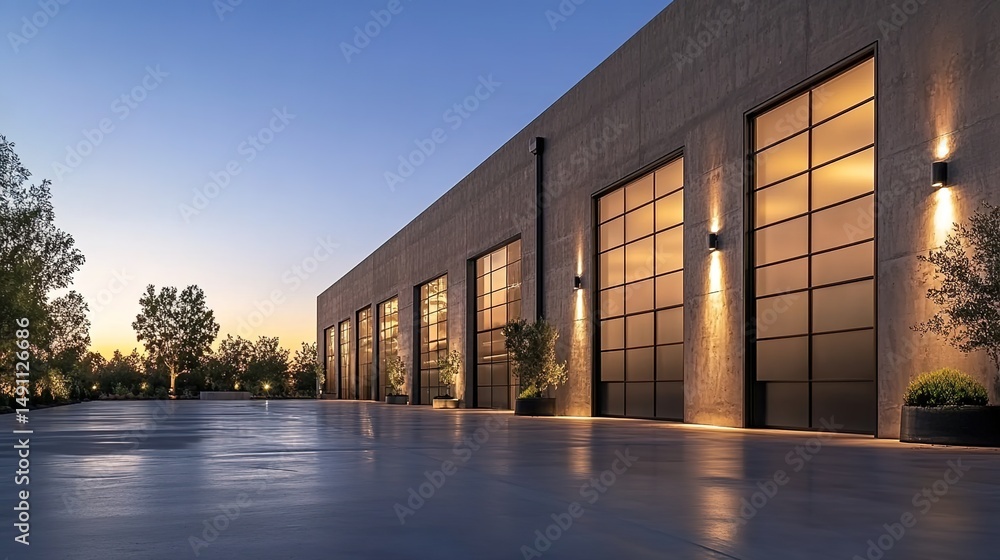Modern building with garage doors, smooth concrete, small trees, and warm lighting at dusk. Modern building with garage doors, smooth concrete, small trees, and warm lighting at dusk.