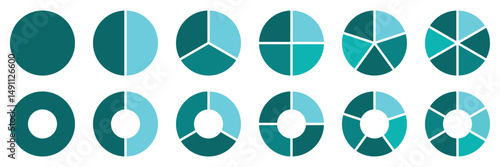 Pie chart set, segmented circle icons. Circle pie chart diagram. Circle section graph. Pie chart divided 1,2,3,4,5,6,7,8,9,10,11,12 equal parts. Circle division infographic icon set.