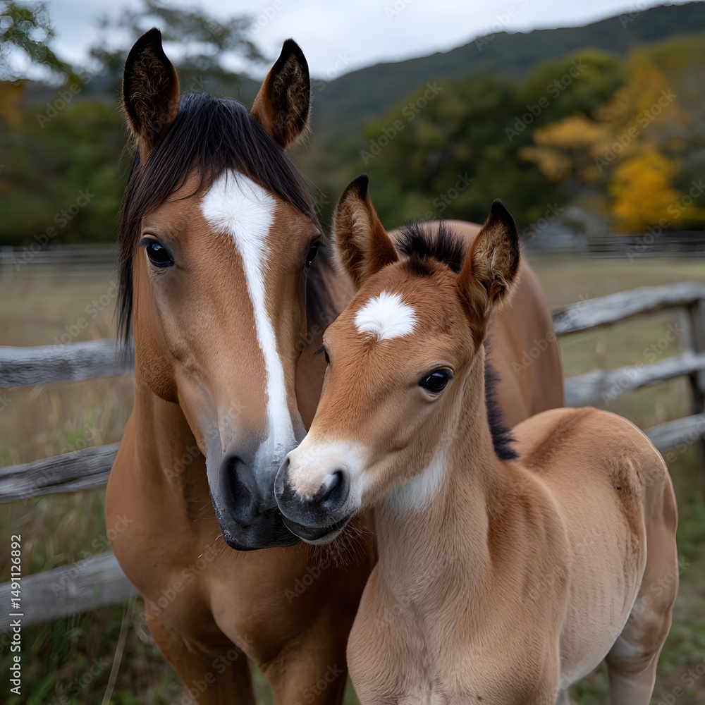 Fototapeta premium Two horses, one adult and one foal, close-up, gentle bond, autumnal backdrop