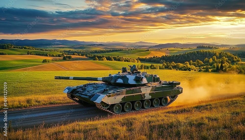 Fototapeta premium Camouflaged tank moving on green field with hills and dusk sky.