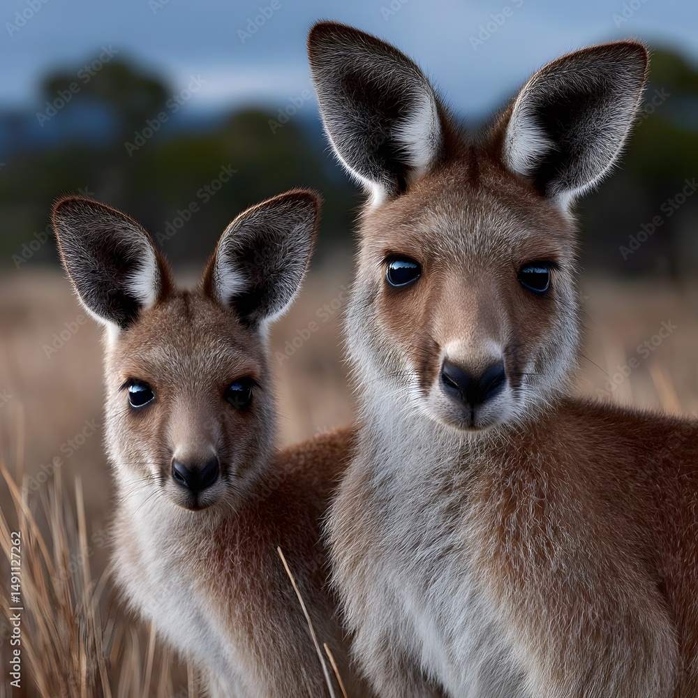 Fototapeta premium Two kangaroos, one young, facing forward, in a field