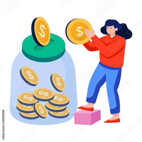Dollar insider glass bottle, flat design of money jar