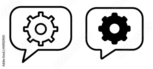 Vector icon of a gear inside a speech bubble, symbolizing support or tech help