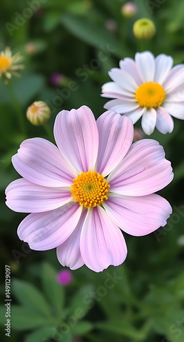A beautiful close up of a lavender cosmos flower, showcasing its soft petals and vibrant yellow center.