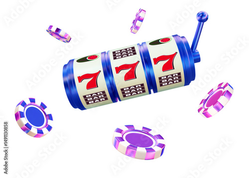 3D neon slot machine with flying casino chips on white isolated background. Online casino. Gambling concept design. 3d vector illustration.