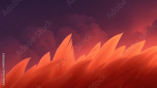 Abstract digital art piece that appears to be a close-up of a group of orange feathers. the feathers are arranged in a way that they are overlapping each other, creating a sense of movement and depth.