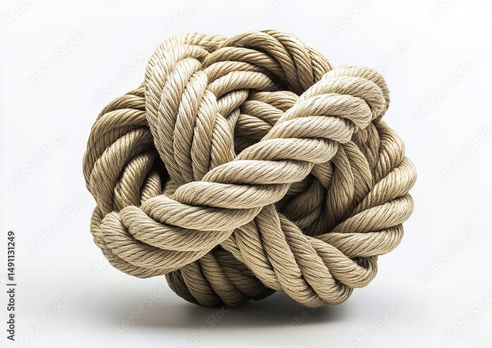 A tightly-knotted ball of light-brown rope on a white background. A tightly-knotted ball of light-brown rope on a white background.