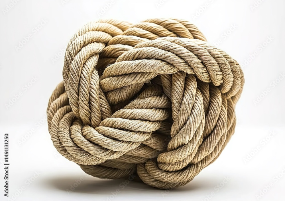 A tightly-knotted ball of light-brown rope on a white background. A tightly-knotted ball of light-brown rope on a white background.