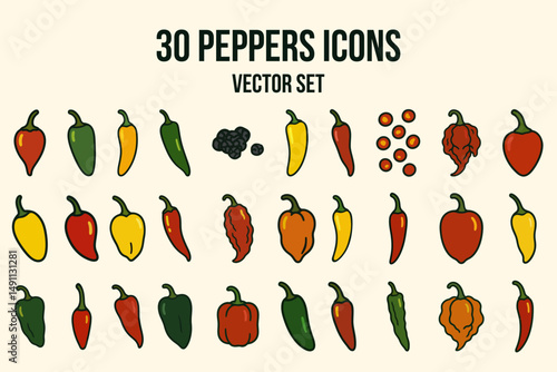 30 Hot Peppers Icons – Spicy Chili Pepper Vector Set