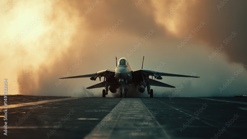 Naklejka premium Military fighter jet preparing for takeoff at sunset with smoke clouds rising behind on runway