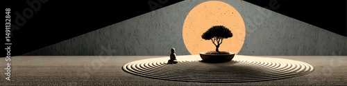 Serene Contemplation: A lone figure stands in peaceful contemplation before a miniature tree under a spotlight, capturing moment of tranquility and balance.