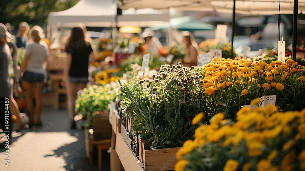 Fototapeta premium A vibrant farmers market scene showcases a diverse array of fresh produce and flowers.