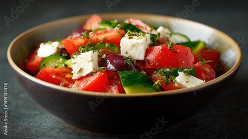 Close-up of a bowl of salad. the bowl is made of dark brown ceramic and is placed on a dark grey surface. the salad is made up of diced tomatoes, cucumbers, olives, and feta cheese.