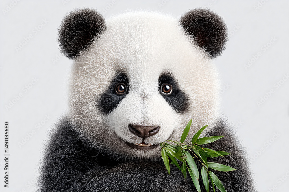 Fototapeta premium A captivating panda with bamboo. The panda stares at the camera with curious eyes while eating bamboo