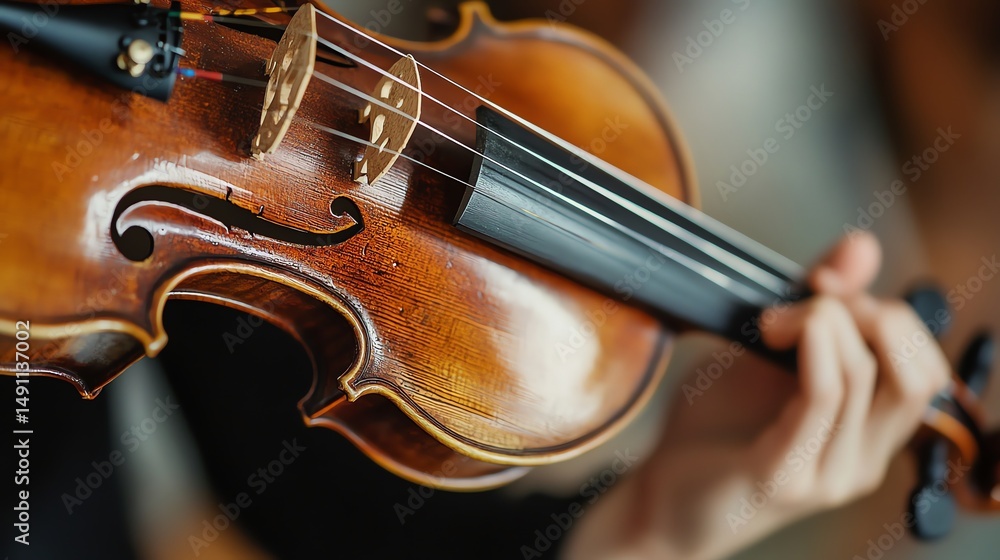 Fototapeta premium A close-up shows a violinist passionately playing a violin with a sharp focus on the instrument.