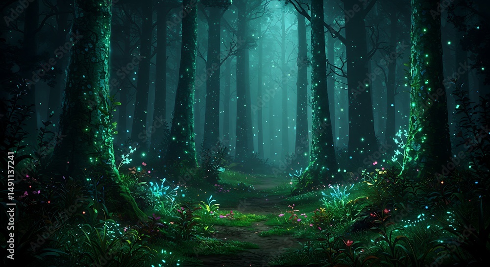 Obraz premium Mystical glowing forest path