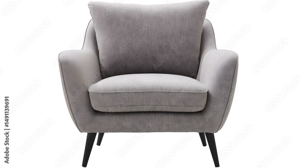 Naklejka premium Modern light gray upholstered arm chair with dark legs.