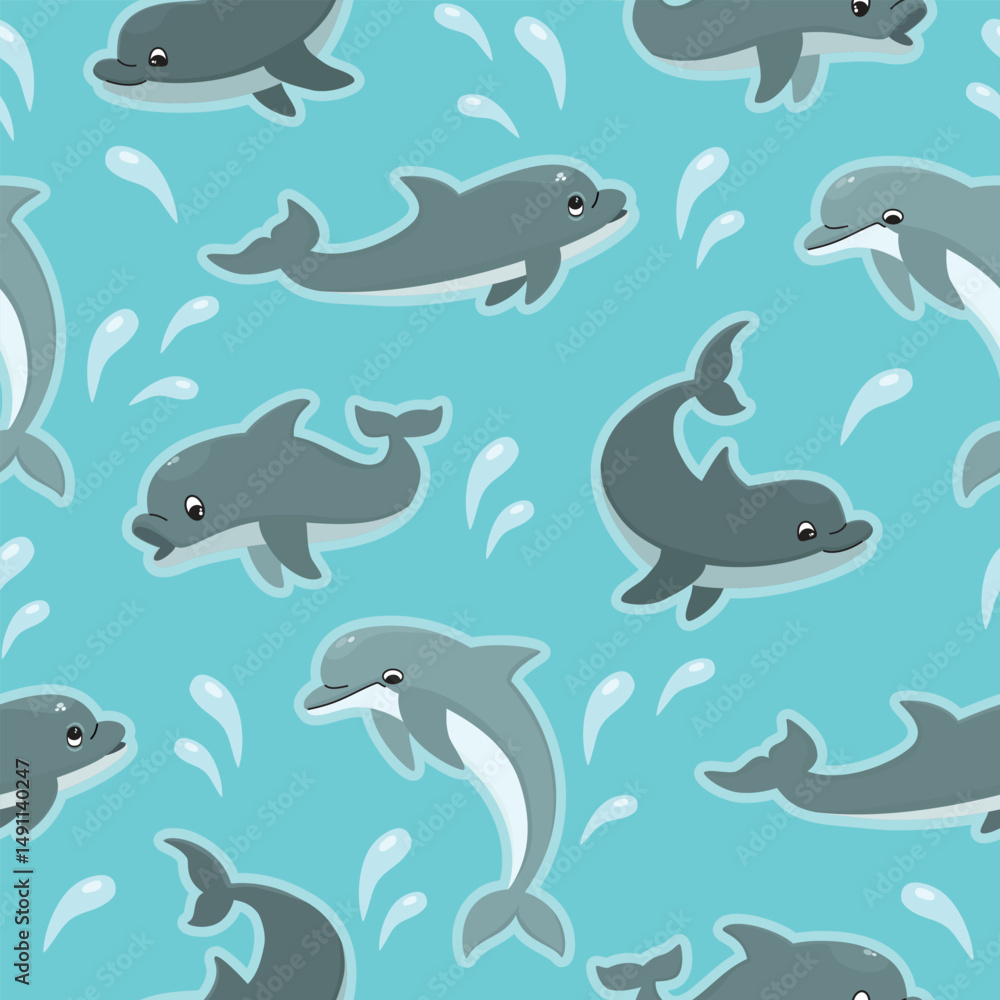 Marine seamless pattern with swimming dolphins. Cartoon ocean characters with splashes of water. Grey and white colors on blue background. Vector design for textile. Endless wallpaper, cover.
Marine seamless pattern with swimming dolphins. Cartoon ocean characters with splashes of water. Grey and white colors on blue background. Vector design for textile. Endless wallpaper, cover.