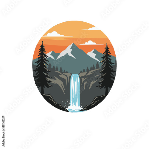 Waterfall and Mountain Landscape in a Circular Frame