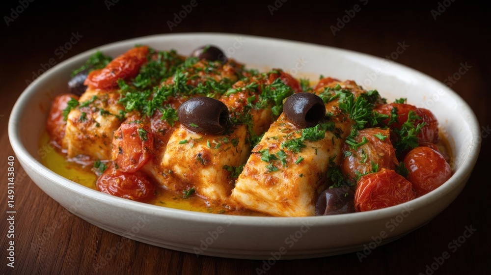Fototapeta premium Plate of food, specifically a dish of chicken with tomatoes and olives. the dish is served in a white oval-shaped dish with a wooden table in the background.