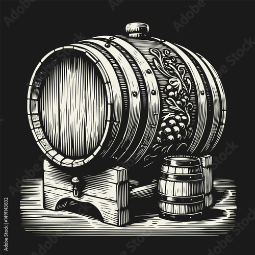 Oak barrel for whiskey, sketch engraving, black and white vector illustration in vintage engraving style.