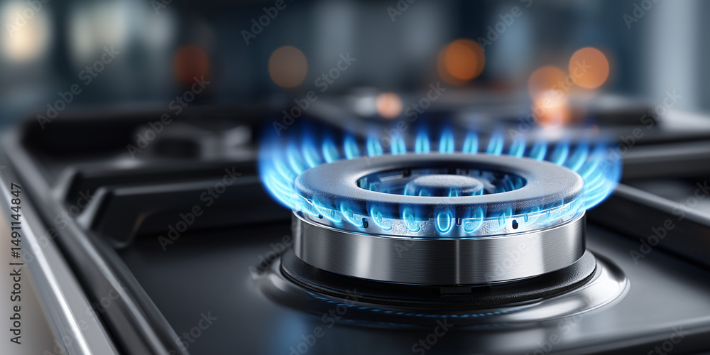 A gas stove burner with a bright blue flame A gas stove burner with a bright blue flame