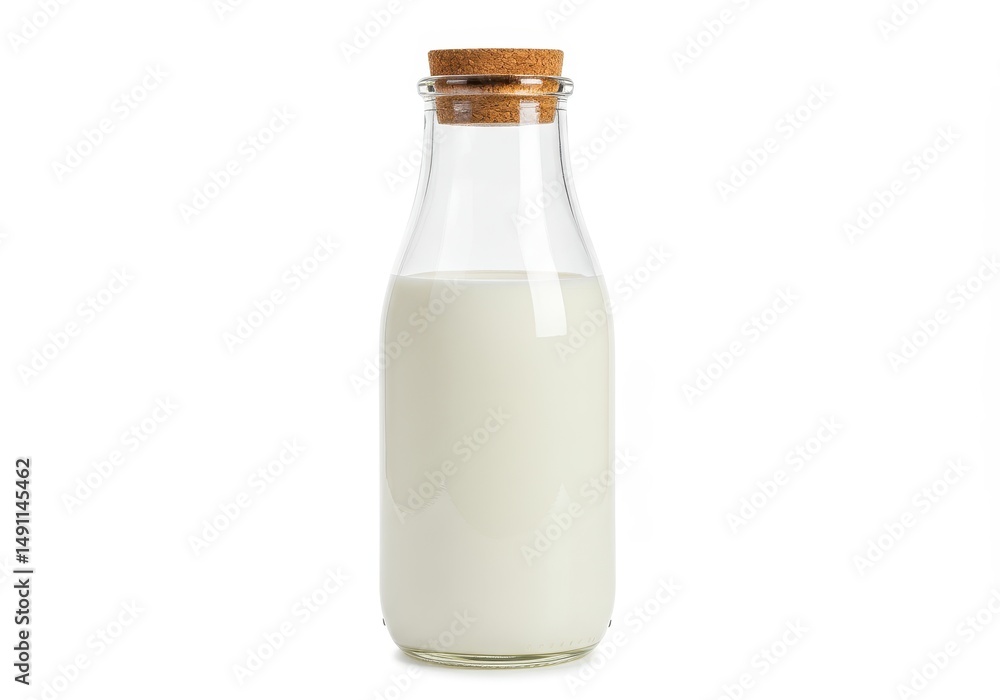 Glass bottle of fresh milk with cork stopper isolated on a white background Glass bottle of fresh milk with cork stopper isolated on a white background