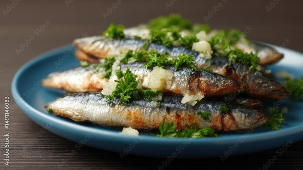 Plate of grilled sardines on a blue plate. the plate is placed on a wooden table with a dark background. Plate of grilled sardines on a blue plate. the plate is placed on a wooden table with a dark background.