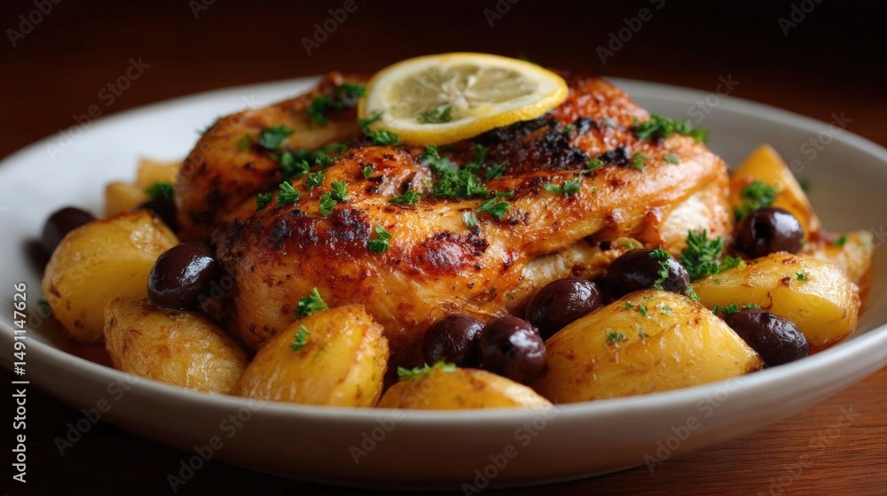 Plate of roasted chicken with potatoes and olives. the chicken is golden brown and appears to be seasoned with herbs and spices. it is garnished with a slice of lemon and a sprig of parsley. Plate of roasted chicken with potatoes and olives. the chicken is golden brown and appears to be seasoned with herbs and spices. it is garnished with a slice of lemon and a sprig of parsley.
