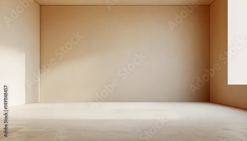 Minimalist indoor space with beige walls  floor  and two doorways.