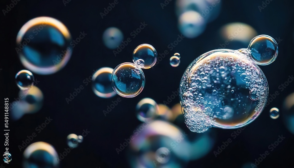 Close-up of iridescent floating bubbles on dark background. Close-up of iridescent floating bubbles on dark background.