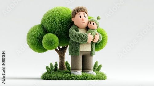 A heartwarming scene of a parent holding a child surrounded by lush greenery and a whimsical t